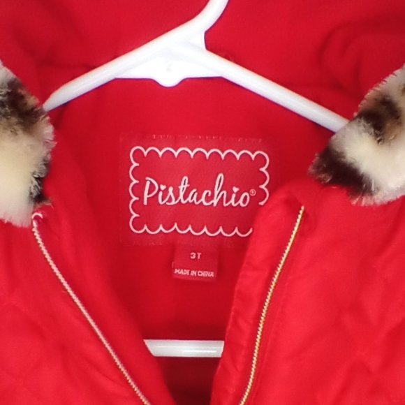 "Pistachio" Girls Quilted Hooded Coat Red & Animal Fur Trim (3T) - Picture 4 of 8